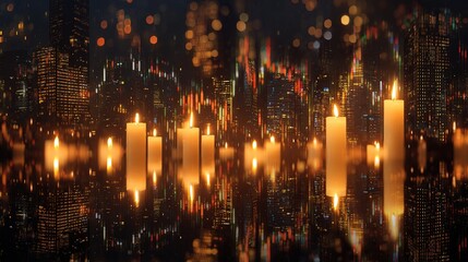 Obraz premium Abstract Holographic Forex Candles Glowing Against City Background