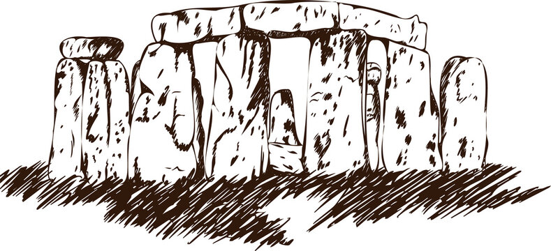 Line art is depicting megalithic stone circle, rough lines, transparent background, copy space
