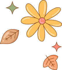 Stylized yellow daisy is floating in flat art with leaves and sparkles, transparent background