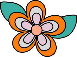 Flat vector flower is showing layered orange petals with teal leaves, transparent background