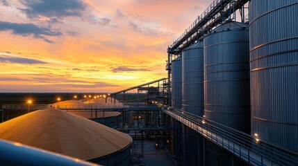 Obraz premium Industrial Storage Area with Towering Silos Under a Beautiful Sunset Sky