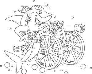 Funny great white shark pirate with a bandana of a sea robber, a sharp saber, a pistol and an old cannon from a sunken sailing ship, black and white vector cartoon illustration for a coloring book