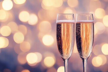 Sparkling wine champagne glasses for a festive celebration during an evening event, Two champagne glasses with sparkling wine, festive bokeh background
