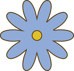 Single stylized bloom is radiating in flat vector, with light blue petals, transparent background