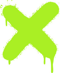 Displaying spray-painted lime green X with brush strokes, splatters and drips on transparent canvas