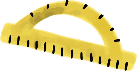 Yellow protractor is showing watercolor effect with black degree marks on transparent background