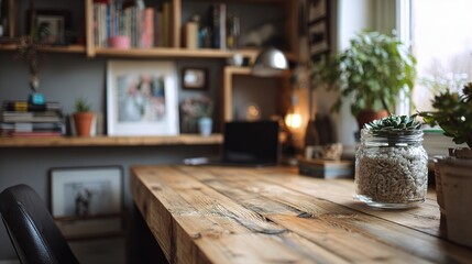 Cozy Home Office Nook with Reclaimed Pine Desk and Green Plants
