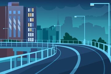 A stylized cityscape at night featuring a curved road and modern buildings. The scene has a calming blue palette and flat design, conveying urban life.