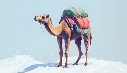 Camel with colorful packs on a snowy landscape.
