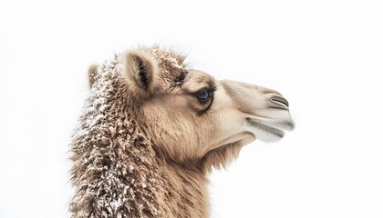 Close-up profile of a camel with snow.