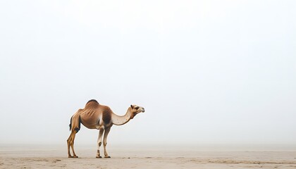 A solitary camel stands amidst a hazy landscape.