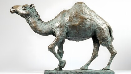 Bronze sculpture of a camel in profile.