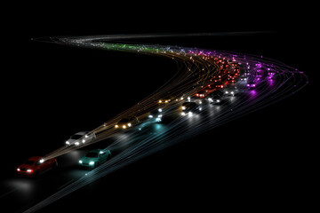 Cars create bright, colorful light trails while driving along a curved road in darkness at night