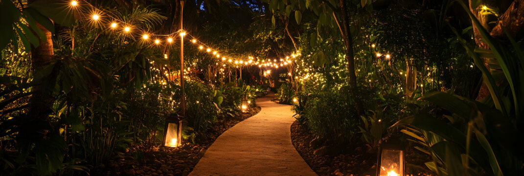 Magical illuminated pathway with fairy lights and lush greenery at night