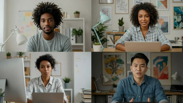 Diverse Team Video Conference - Four diverse young professionals participate in a video conference, each working from their home office. They appear engaged and focused on the virtual meeting.