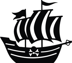 Silhouette of a Pirate Ship with Sails and Skull Flag Jolly Roger