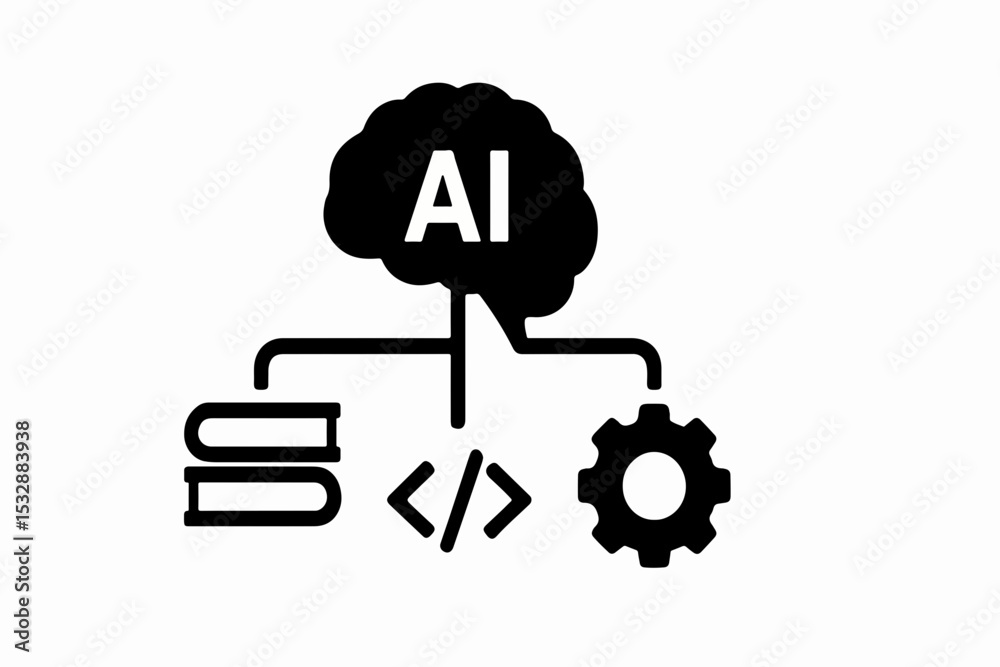 Poster silhouette ai brain and gear hybrid with cloud computing and data nodes vector illustration of artif