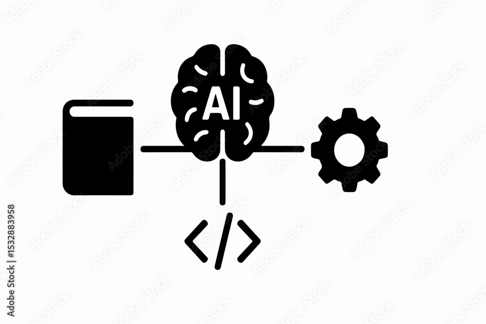 Poster silhouette ai brain and gear hybrid with cloud computing and data nodes vector illustration of artif