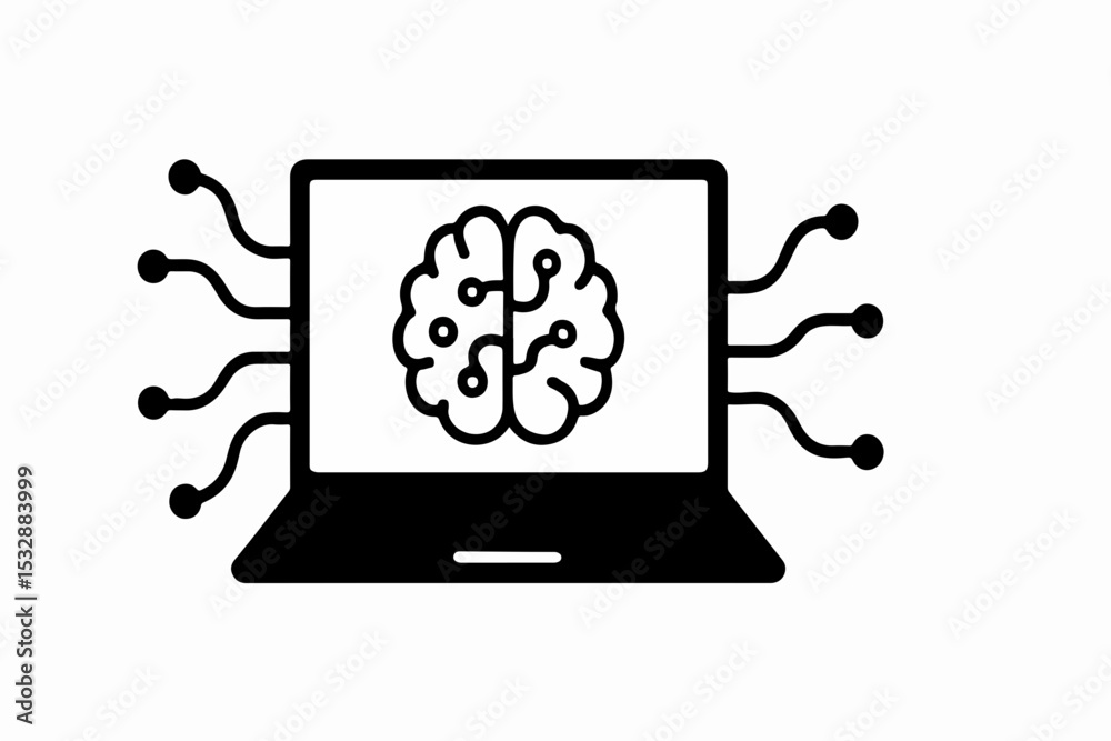 Poster silhouette ai brain and gear hybrid with cloud computing and data nodes vector illustration of artif