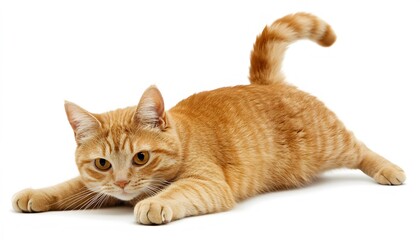Ginger cat lying down on a white background.