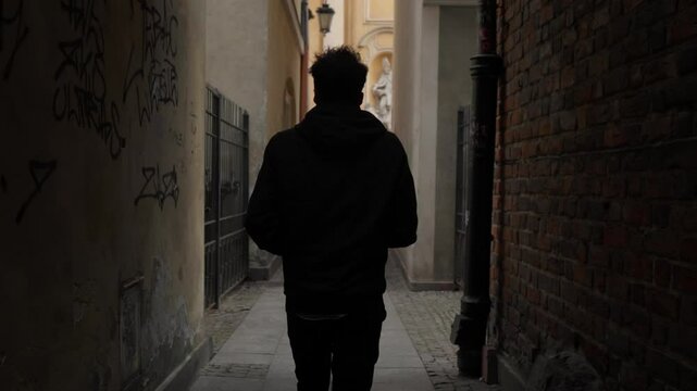 A man emerges from a dark, gloomy backstreet and walks towards the exit. He moves toward the light at the end of the tunnel, a metaphor for overcoming adversity and finding hope.