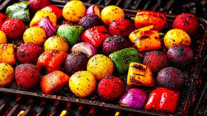 Grilled vegetables with bell peppers, red onions, and potatoes on a dark baking sheet, close-up.
