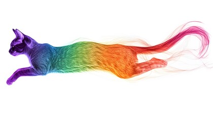 A rainbow-colored cat leaping in motion.