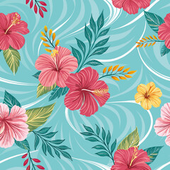 Seamless vector floral pattern with bright hibiscus on turquoise background, for travel bloggers, prints, clothes, textiles
