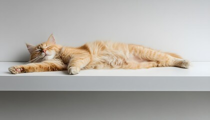 A ginger cat rests contentedly on a white shelf.