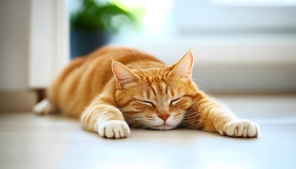 Ginger cat resting peacefully on a light floor.