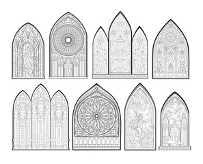 Set of beautiful Gothic stained glass windows from French churches. Black and white drawing for coloring book. Medieval architecture in western Europe. Educational page. Hand drawn vector illustration