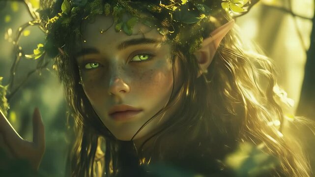Forest elf woman in golden light turns her gaze. Magical fairy presence glows in enchanted woods. Elf watches through leaves. Light reveals forest elf. Nature magic fills air around fairy.