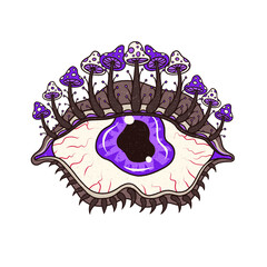 Surreal vector eyeball with purple mushrooms is floating on transparent background with brown stems © vectorfusionart