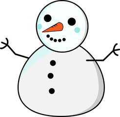 Cartoon snowman is standing on transparent backdrop, carrot nose, mouth dots, twig arms, buttons