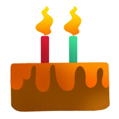 Celebration cake is being shown in flat design, orange dripping icing, two lit candles, transparent