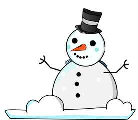 Flat design snowman is standing on transparent bg wearing hat and scarf, carrot nose, coal buttons