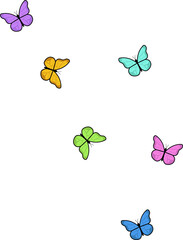 Naklejka premium Cartoon-style butterfly designs are floating on transparent background, showcasing seven vivid hues