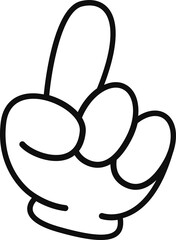 Cartoon glove hand is pointing upward in flat style with bold outlines, transparent background