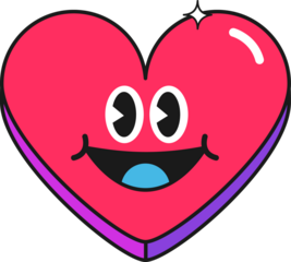 Smiling cartoon heart character is glowing in flat design with transparent canvas, white highlight