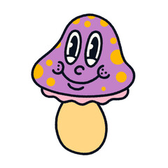 Mushroom is featuring purple yellow-spotted cap, pink frill, flat design, transparent background