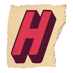 3D pop-art block letter H is floating on torn paper, with halftone dots, transparent background