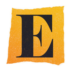 Stylized serif letter E is being shown in flat design on torn orange paper, transparent background