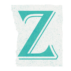 Textured turquoise letter Z is floating on torn white paper in flat design on transparent canvas