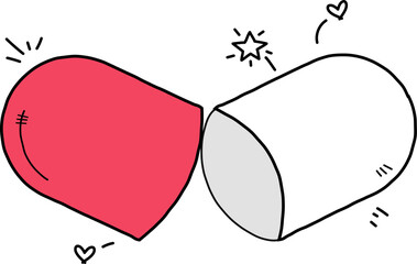 vector art is showing two capsule halves joining with doodle accents and transparent background