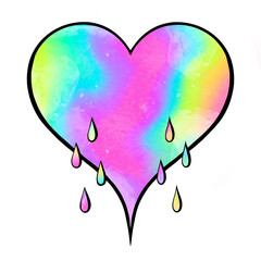 Watercolor heart is dripping pastel rainbow gradient on transparent background, with teardrop drips