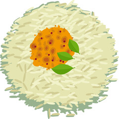 Rice pile is forming in flat design with orange spice mound, green leaves on transparent background © vectorfusionart