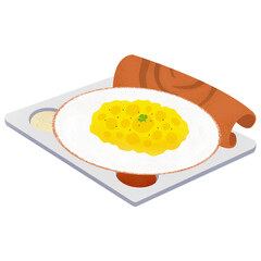 Flat design tray is holding scrambled eggs with parsley, sauce bowl on transparent backdrop