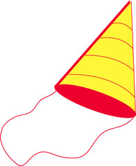 Flat design party hat is floating on transparent background with yellow panels and red wavy string