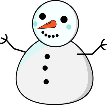 Cartoon snowman is standing on transparent backdrop, carrot nose, mouth dots, twig arms, buttons
