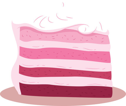 Naklejki Flat design showing pink cake slice with whipped topping on plate on transparent background